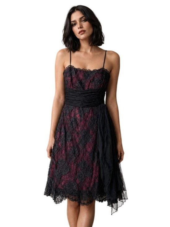 Florence Lustig Dresses & Skirts - Vtg 50s Black Lace Overlay Burgundy Mini Dress Lace Whimsigoth Dark Romantic